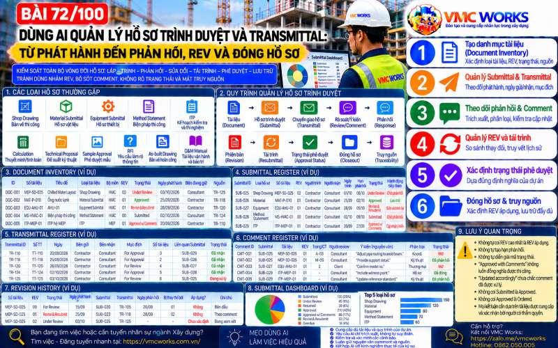 Bài 72/100 – Dùng AI quản lý hồ sơ trình duyệt và Transmittal: Từ phát hành đến phản hồi, REV và đóng hồ sơ