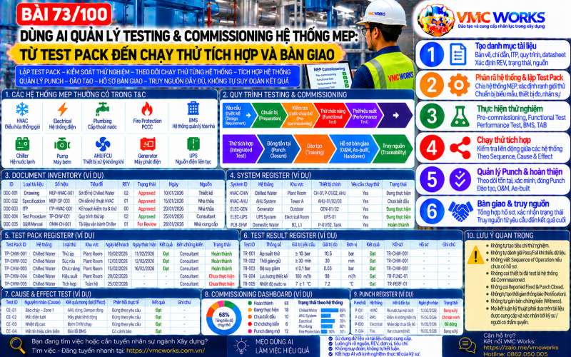 Bài 73/100 – Dùng AI quản lý Testing & Commissioning hệ thống MEP: Từ Test Pack đến chạy thử tích hợp và bàn giao
