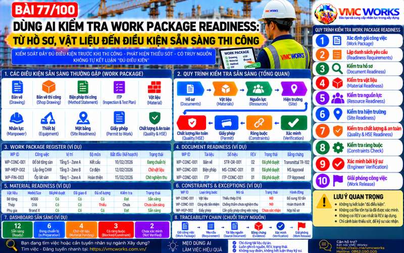 Bài 77/100 – Dùng AI kiểm tra Work Package Readiness: Từ hồ sơ, vật liệu đến điều kiện sẵn sàng thi công