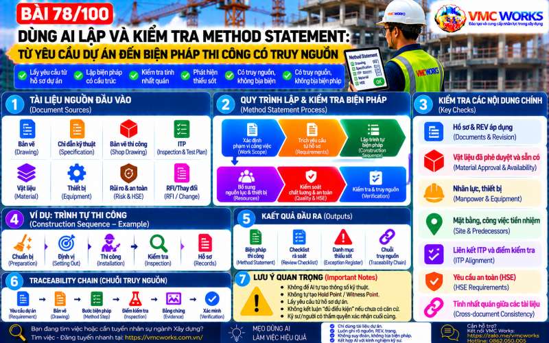 Bài 78/100 – Dùng AI lập và kiểm tra Method Statement: Từ yêu cầu dự án đến biện pháp thi công có truy nguồn