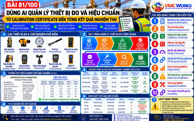 Bài 81/100 – Dùng AI quản lý thiết bị đo và hiệu chuẩn: Từ Calibration Certificate đến từng kết quả nghiệm thu