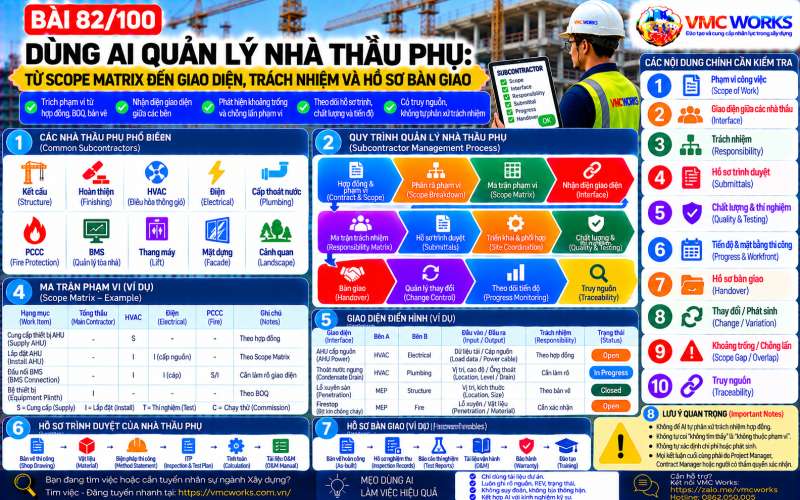 Bài 82/100 – Dùng AI quản lý nhà thầu phụ: Từ Scope Matrix đến giao diện, trách nhiệm và hồ sơ bàn giao