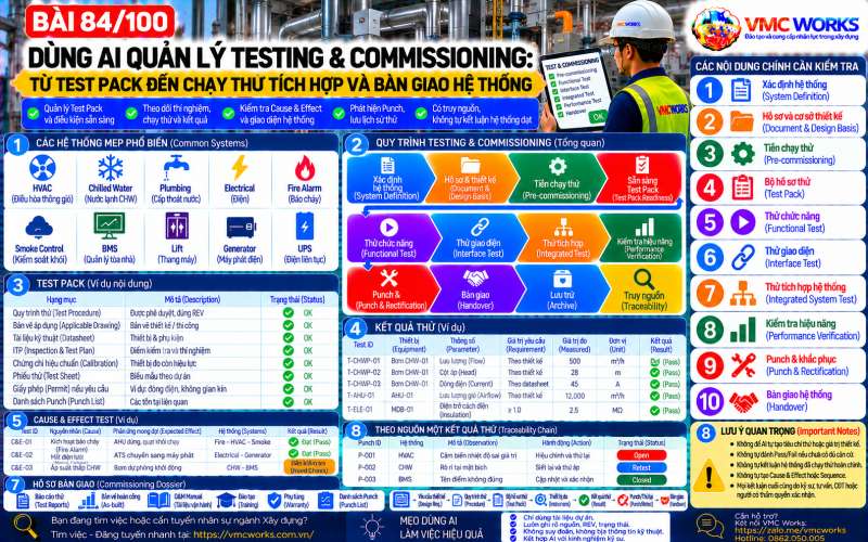 Bài 84/100 – Dùng AI quản lý Testing & Commissioning: Từ Test Pack đến chạy thử tích hợp và bàn giao hệ thống