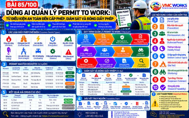Bài 85/100 – Dùng AI quản lý Permit to Work: Từ điều kiện an toàn đến cấp phép, giám sát và đóng giấy phép