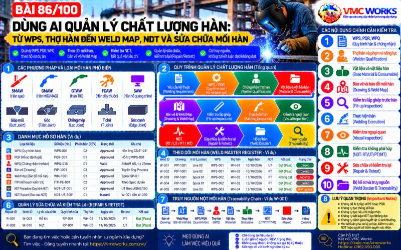 Bài 86/100 – Dùng AI quản lý chất lượng hàn: Từ WPS, thợ hàn đến Weld Map, NDT và sửa chữa mối hàn