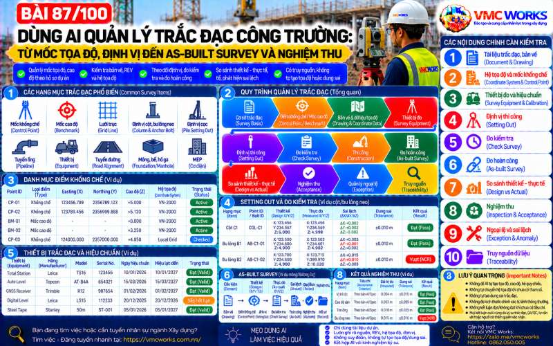 Bài 87/100 – Dùng AI quản lý trắc đạc công trường: Từ mốc tọa độ, định vị đến As-built Survey và nghiệm thu