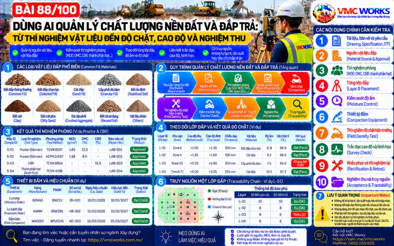 Bài 88/100 – Dùng AI quản lý chất lượng nền đất và đắp trả: Từ thí nghiệm vật liệu đến độ chặt, cao độ và nghiệm thu