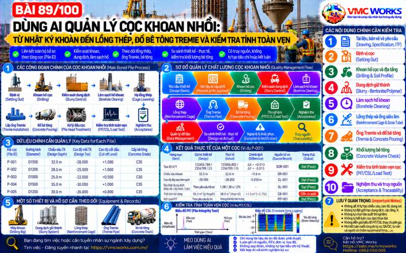 Bài 89/100 – Dùng AI quản lý cọc khoan nhồi: Từ nhật ký khoan đến lồng thép, đổ bê tông Tremie và kiểm tra tính toàn vẹn