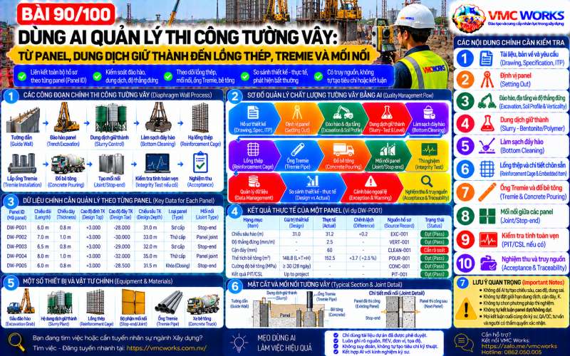 Bài 90/100 – Dùng AI quản lý thi công tường vây: Từ panel, dung dịch giữ thành đến lồng thép, Tremie và mối nối