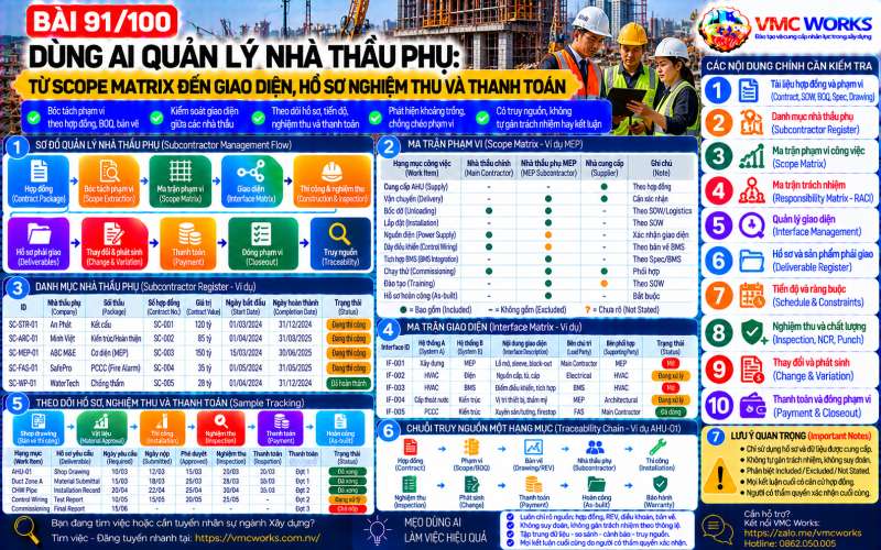 Bài 91/100 – Dùng AI quản lý nhà thầu phụ: Từ Scope Matrix đến giao diện, hồ sơ nghiệm thu và thanh toán
