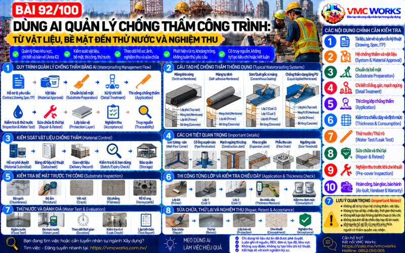 Bài 92/100 – Dùng AI quản lý chống thấm công trình: Từ vật liệu, bề mặt đến thử nước và nghiệm thu