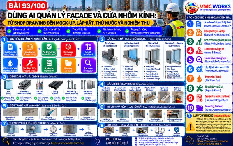 Bài 93/100 – Dùng AI quản lý façade và cửa nhôm kính: Từ Shop Drawing đến mock-up, lắp đặt, thử nước và nghiệm thu