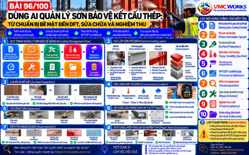 Bài 96/100 – Dùng AI quản lý sơn bảo vệ kết cấu thép: Từ chuẩn bị bề mặt đến DFT, sửa chữa và nghiệm thu