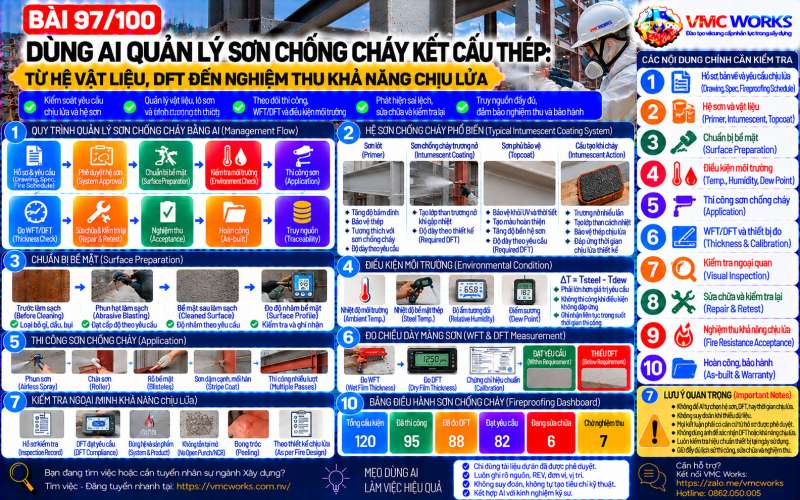 Bài 97/100 – Dùng AI quản lý sơn chống cháy kết cấu thép: Từ hệ vật liệu, DFT đến nghiệm thu khả năng chịu lửa