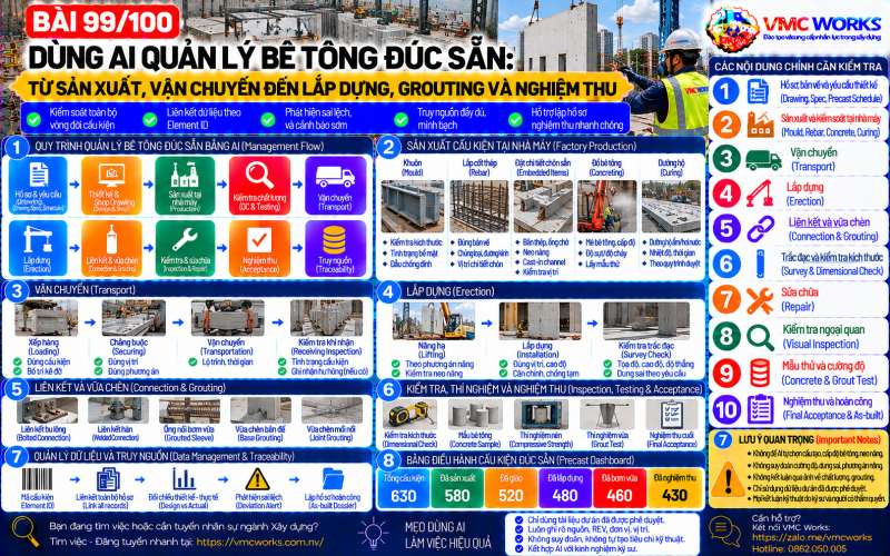 Bài 99/100 – Dùng AI quản lý bê tông đúc sẵn: Từ sản xuất, vận chuyển đến lắp dựng, grouting và nghiệm thu