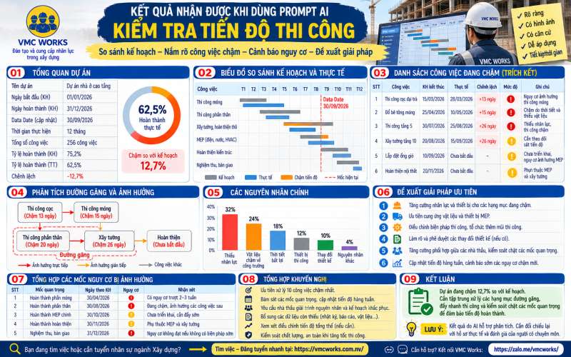 Bài 05 – Prompt AI kiểm tra tiến độ thi công, phát hiện nguy cơ chậm tiến độ