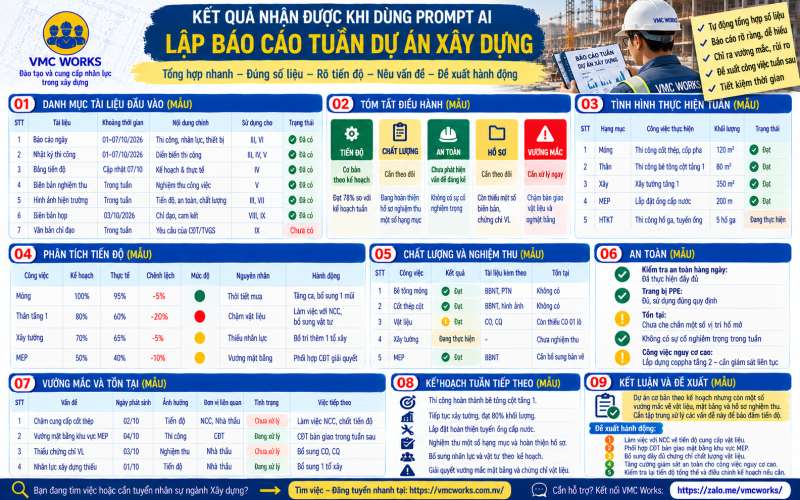Bài 12 – Prompt AI lập báo cáo tuần dự án xây dựng từ hồ sơ thực tế