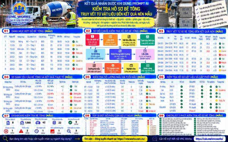 Bài 47 – Prompt AI kiểm tra hồ sơ quản lý chất lượng bê tông, truy vết từ vật liệu đến kết quả nén mẫu