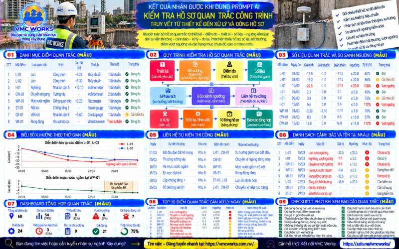 Bài 55 – Prompt AI kiểm tra hồ sơ quan trắc công trình, phát hiện số liệu bất thường và nguy cơ vượt ngưỡng