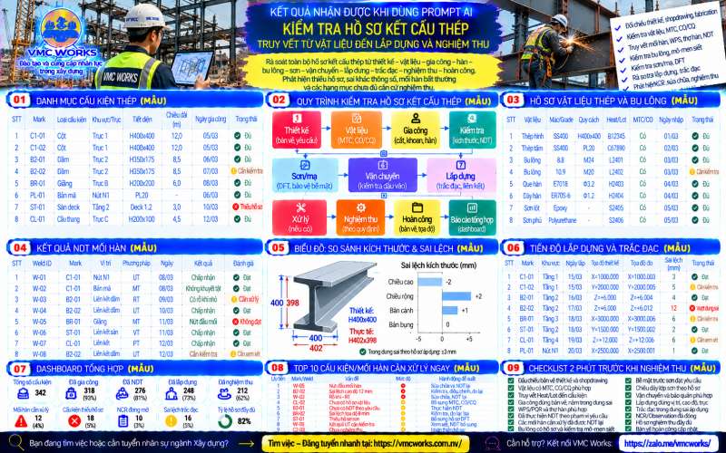 Bài 57 – Prompt AI kiểm tra hồ sơ kết cấu thép, truy vết từ vật liệu đến lắp dựng và nghiệm thu