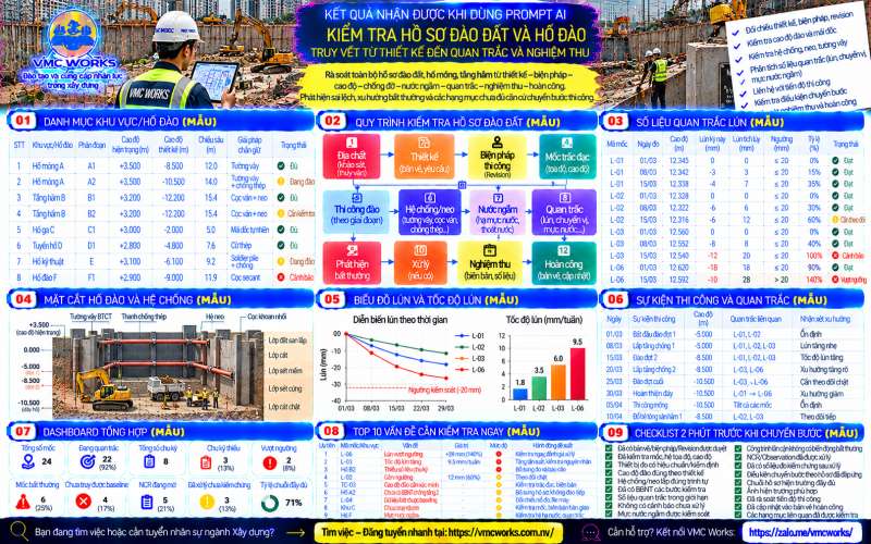 Bài 60 – Prompt AI kiểm tra hồ sơ đào đất và hố đào, phát hiện sai khác cao độ, mái dốc, chống đỡ và quan trắc