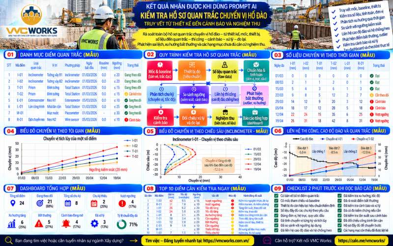 Bài 61 – Prompt AI kiểm tra hồ sơ quan trắc chuyển vị hố đào, phát hiện xu hướng bất thường và nguy cơ vượt ngưỡng